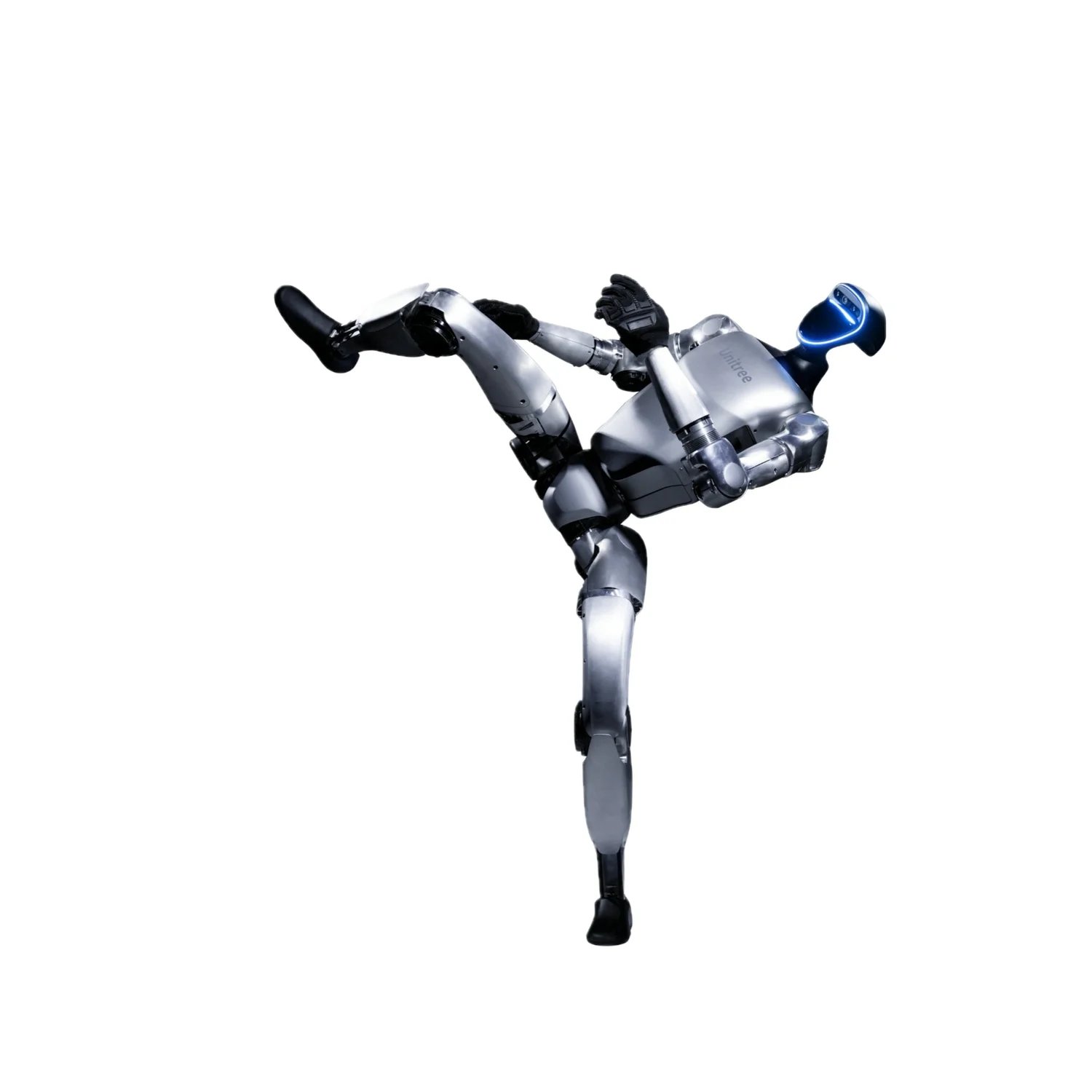 Unitree G1 humanoid robot performing a kick in a manufacturer image