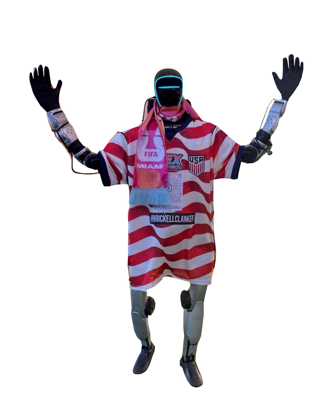 Brickell Clanker wearing a red and white jersey with both hands raised